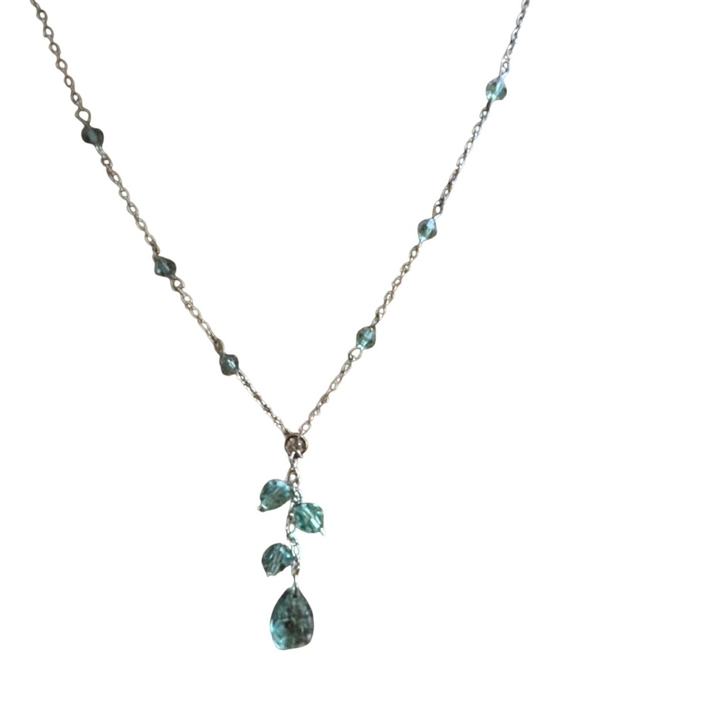Teal Blue Faceted Glass Bead Silver Tone Y-Necklace Teardrop Pendant Layering